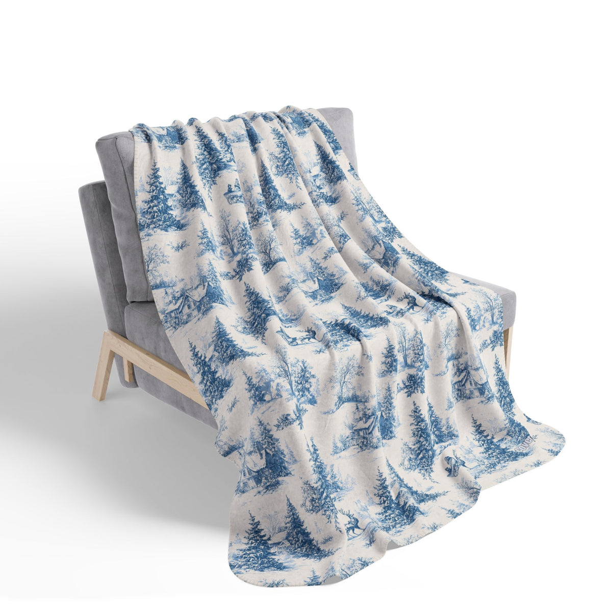 Blue Winter Forest pattern Fleece Sherpa Blanket | Pine Trees, Snow Scene