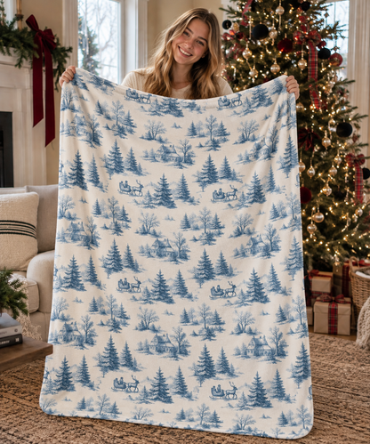 Blue Winter Forest pattern Fleece Sherpa Blanket | Pine Trees, Snow Scene