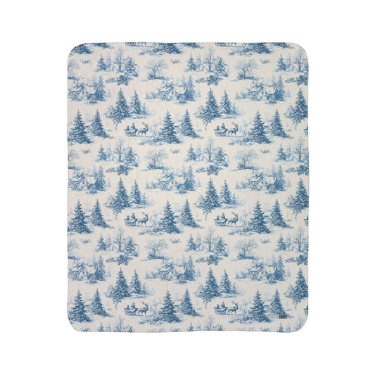 Blue Winter Forest pattern Fleece Sherpa Blanket | Pine Trees, Snow Scene
