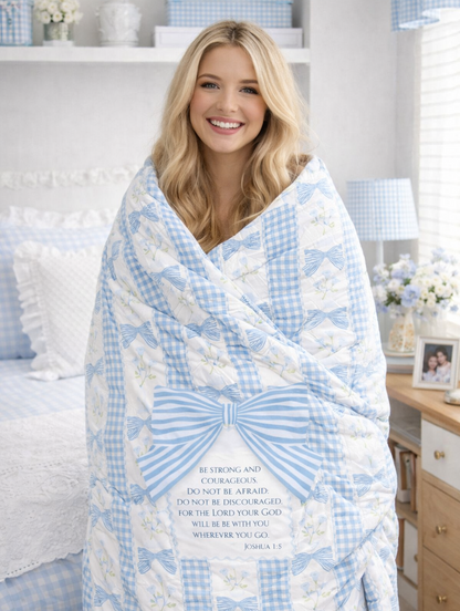 Blue Bow Gingham - Be Strong - Joshua 1:9