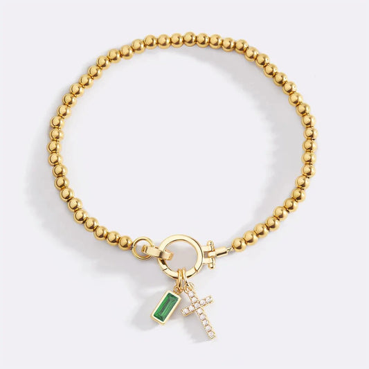 Covered Charm Bracelet with Birthstone and Cross