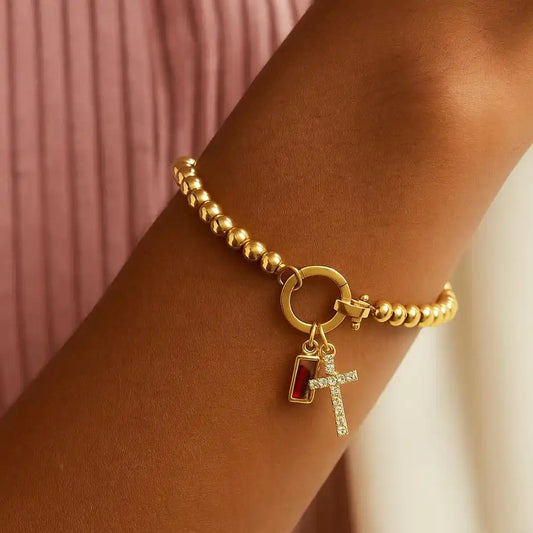 Covered Charm Bracelet with Birthstone and Cross