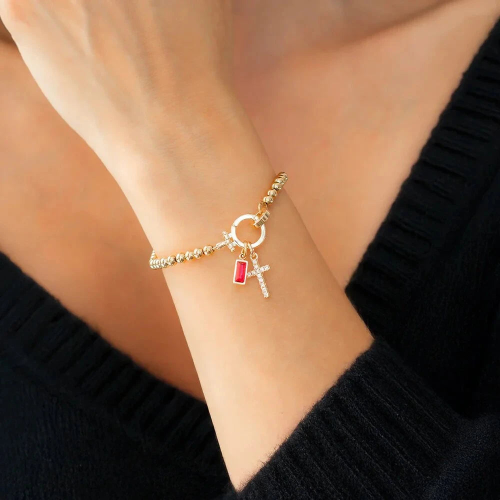 Covered Charm Bracelet with Birthstone and Cross