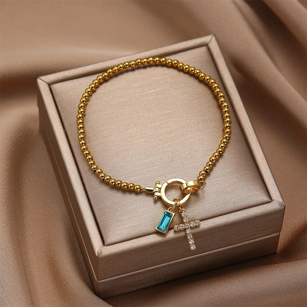 Covered Charm Bracelet with Birthstone and Cross